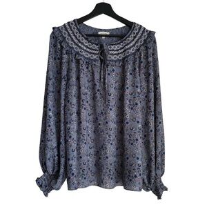 Max Studio Blue Floral Print Blouse Shirt Long Balloon Sleeves Blouse Collar